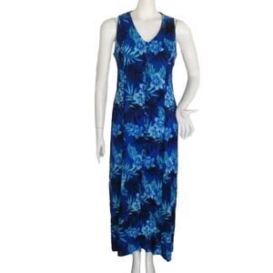 Vintage DAWN JOY Maxi Dress, 7/8, Blue Floral, Crossed back, Buttons, Sleeveless